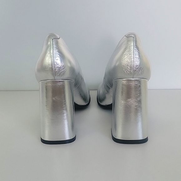 Silver womans high heel chunky heel square toe pumps party dress - Picture 6 of 8